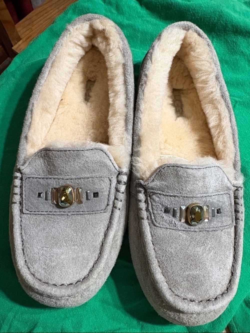 UGG Women's Gray Suede Shearling Lined Loafers with Gem Accent